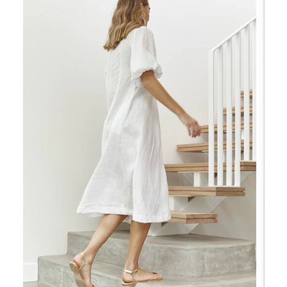 LJC Designs White Linen Charlotte Balloon Sleeve Midi Dress - Picture 8 of 10